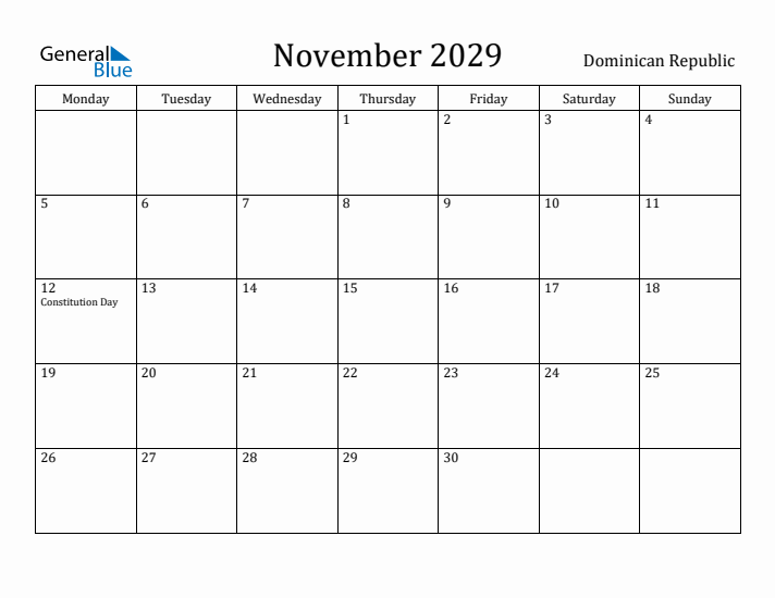 November 2029 Calendar Dominican Republic