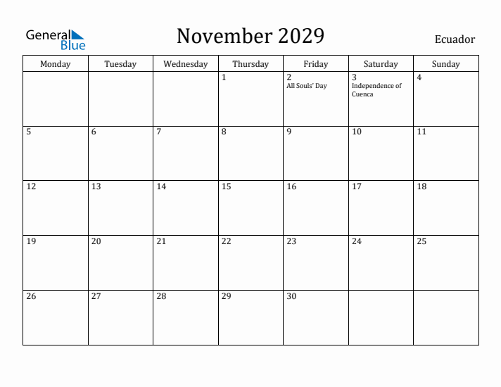 November 2029 Calendar Ecuador