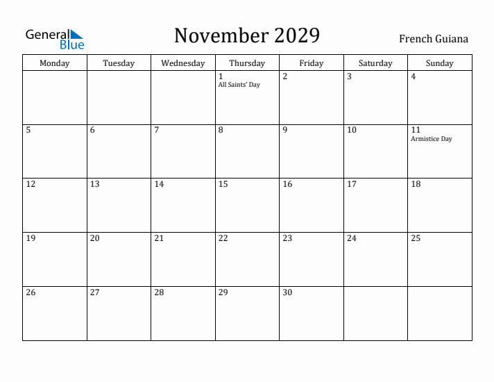 November 2029 Calendar French Guiana