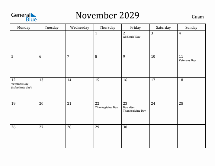 November 2029 Calendar Guam