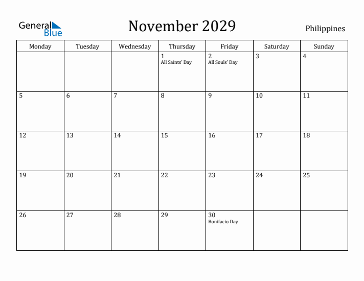 November 2029 Calendar Philippines