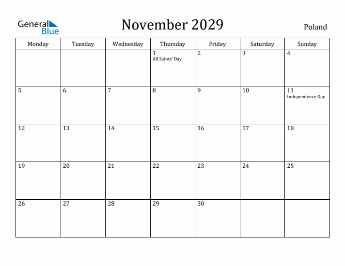 November 2029 Calendar Poland