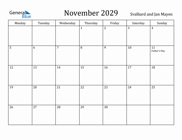 November 2029 Calendar Svalbard and Jan Mayen