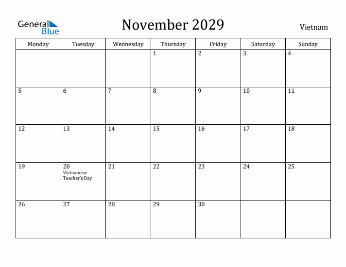 November 2029 Calendar Vietnam