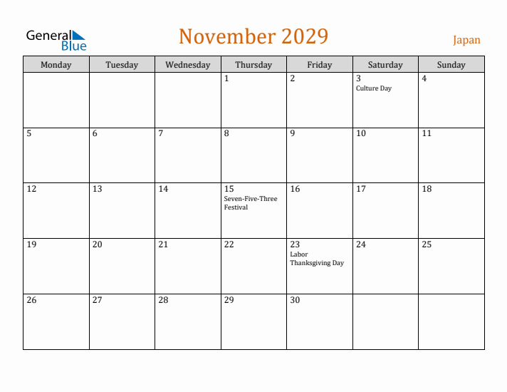 November 2029 Holiday Calendar with Monday Start
