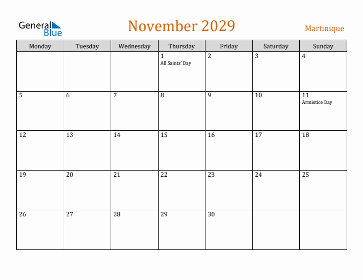 November 2029 Holiday Calendar with Monday Start