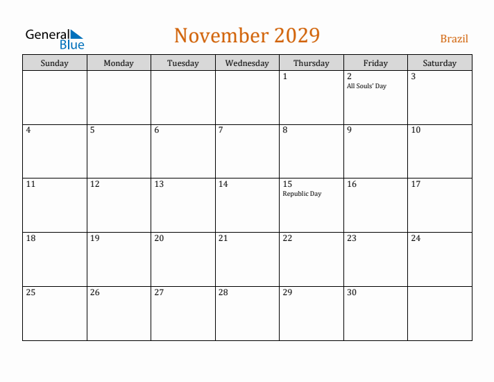 November 2029 Holiday Calendar with Sunday Start