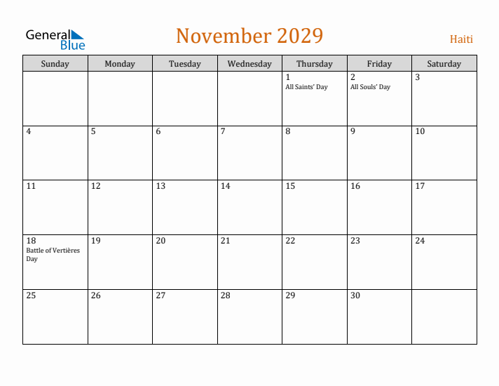 November 2029 Holiday Calendar with Sunday Start