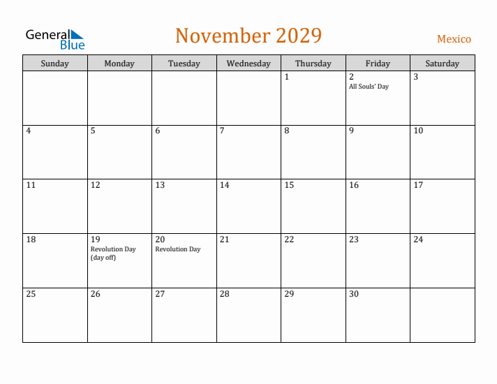November 2029 Holiday Calendar with Sunday Start