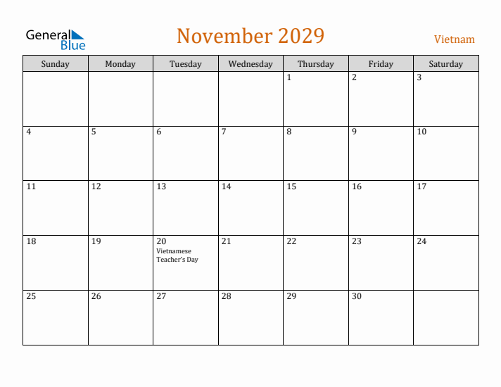 November 2029 Holiday Calendar with Sunday Start