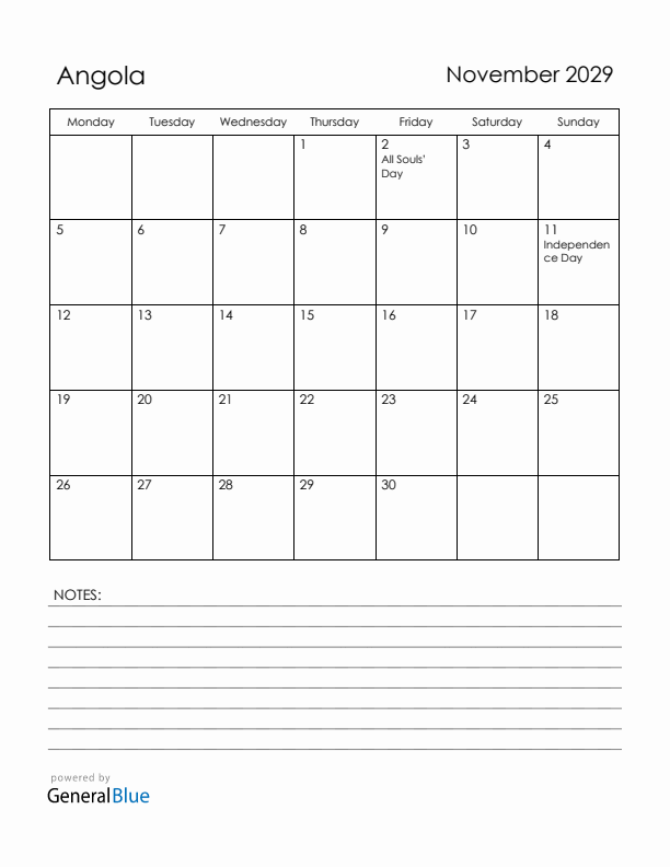 November 2029 Angola Calendar with Holidays (Monday Start)