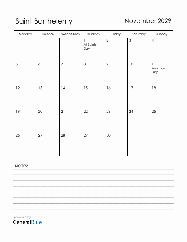 November 2029 Saint Barthelemy Calendar with Holidays (Monday Start)