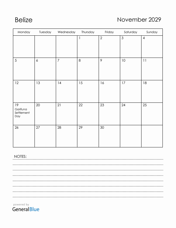 November 2029 Belize Calendar with Holidays (Monday Start)