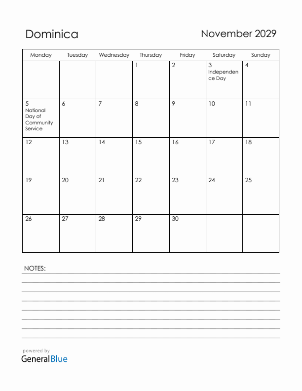 November 2029 Dominica Calendar with Holidays (Monday Start)