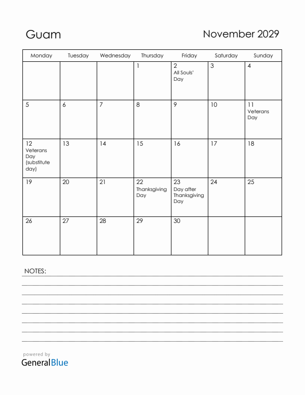 November 2029 Guam Calendar with Holidays (Monday Start)