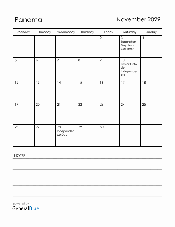 November 2029 Panama Calendar with Holidays (Monday Start)