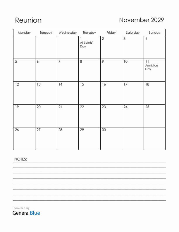 November 2029 Reunion Calendar with Holidays (Monday Start)