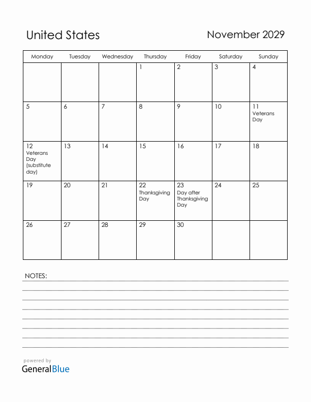 November 2029 United States Calendar with Holidays (Monday Start)