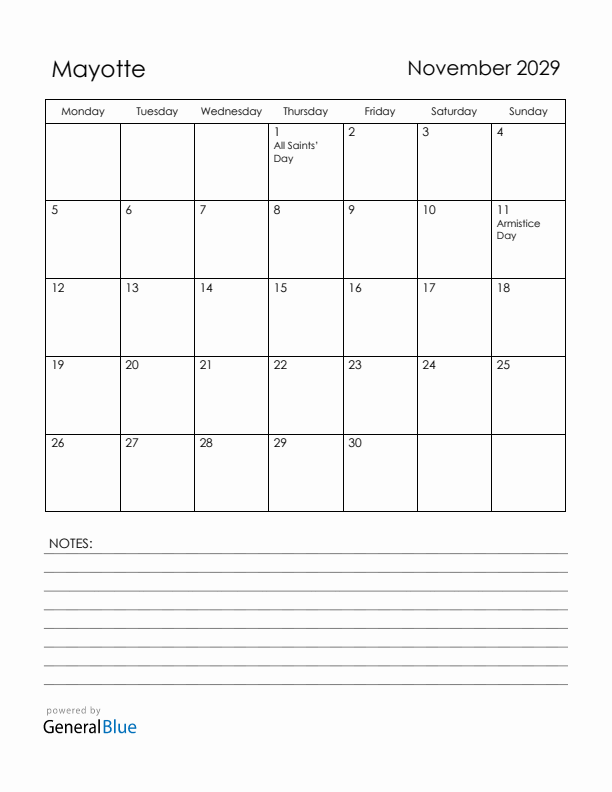 November 2029 Mayotte Calendar with Holidays (Monday Start)