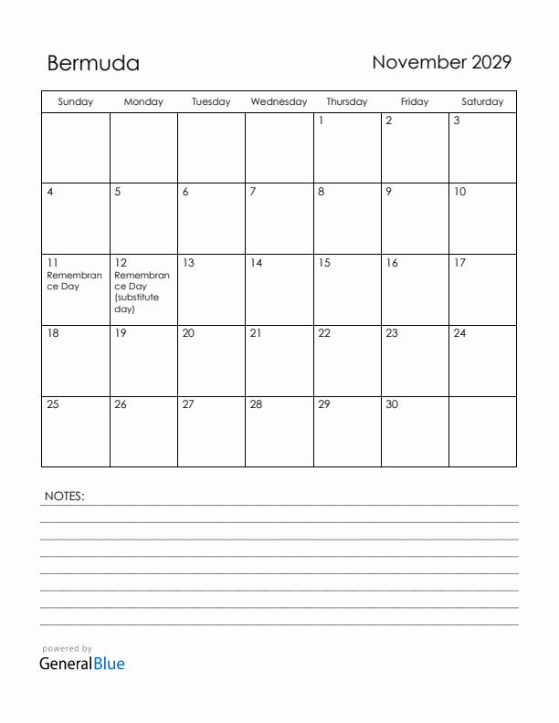 November 2029 Bermuda Calendar with Holidays (Sunday Start)