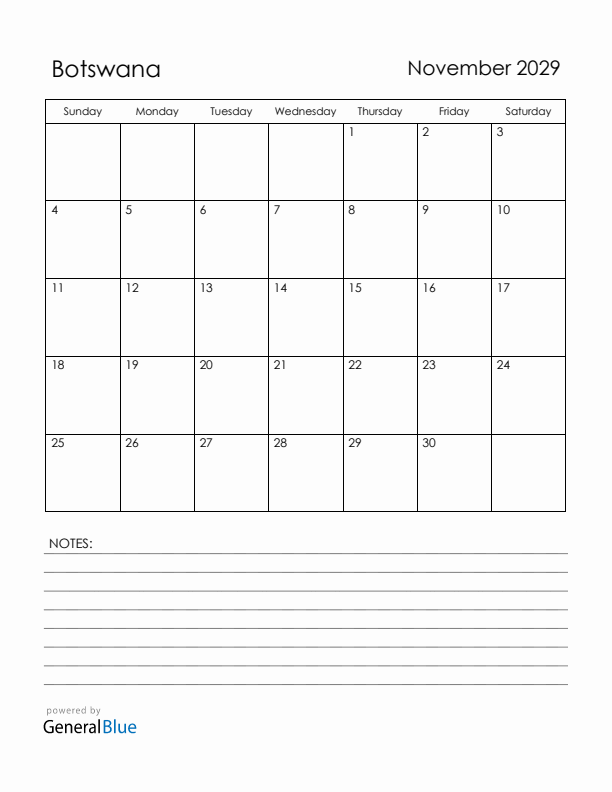 November 2029 Botswana Calendar with Holidays (Sunday Start)
