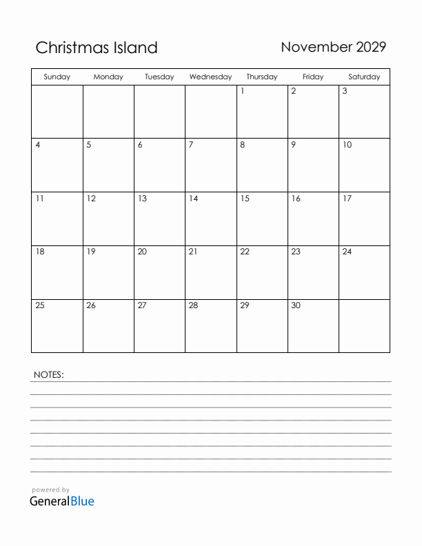November 2029 Christmas Island Calendar with Holidays (Sunday Start)