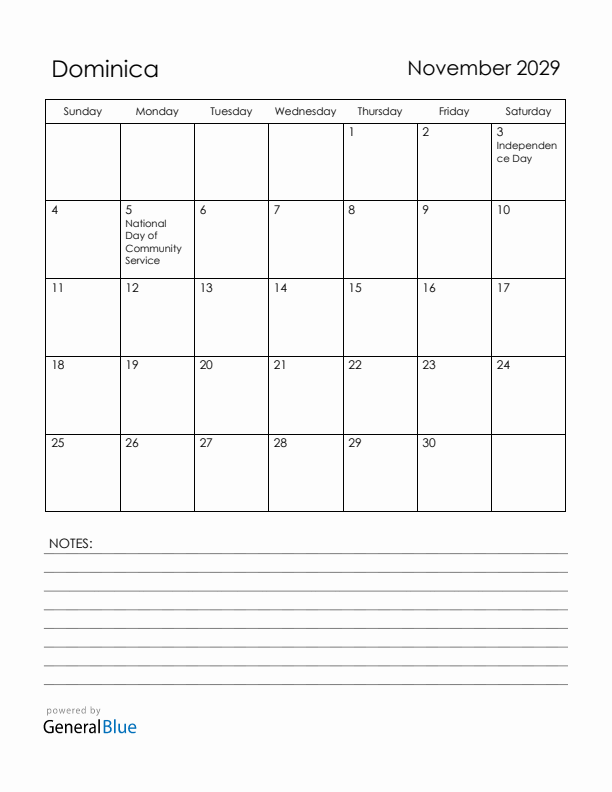 November 2029 Dominica Calendar with Holidays (Sunday Start)