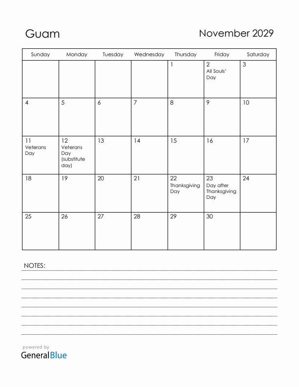 November 2029 Guam Calendar with Holidays (Sunday Start)