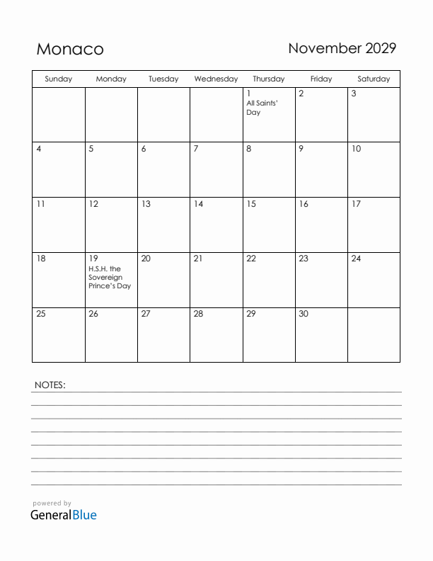 November 2029 Monaco Calendar with Holidays (Sunday Start)