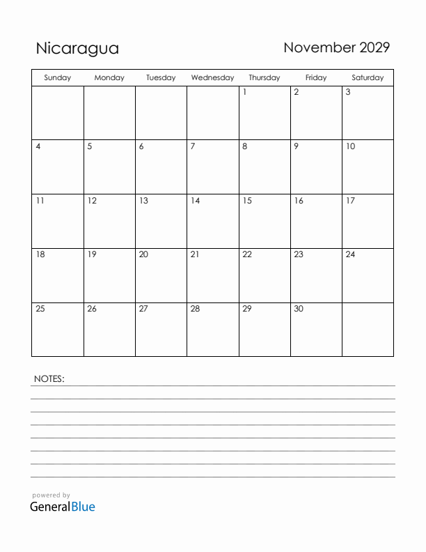 November 2029 Nicaragua Calendar with Holidays (Sunday Start)