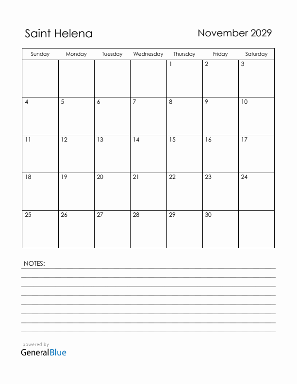 November 2029 Saint Helena Calendar with Holidays (Sunday Start)
