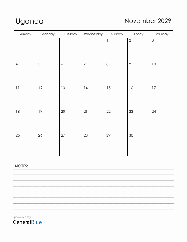 November 2029 Uganda Calendar with Holidays (Sunday Start)