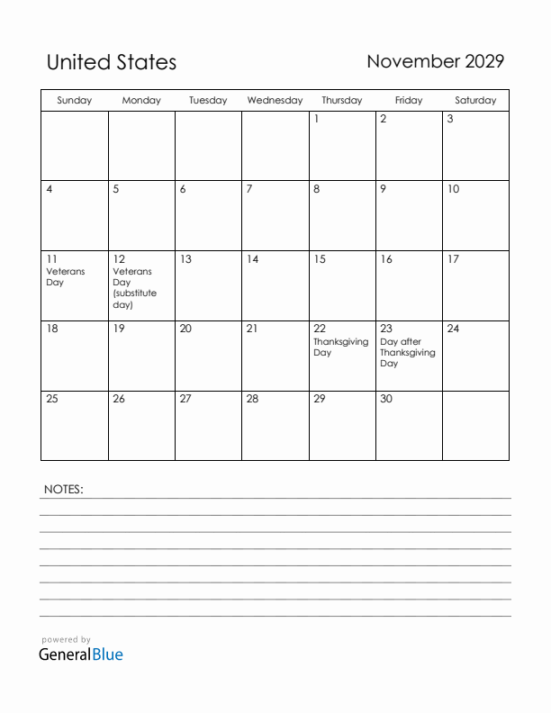 November 2029 United States Calendar with Holidays (Sunday Start)
