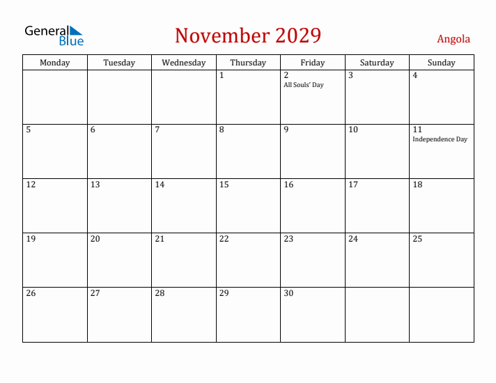 Angola November 2029 Calendar - Monday Start