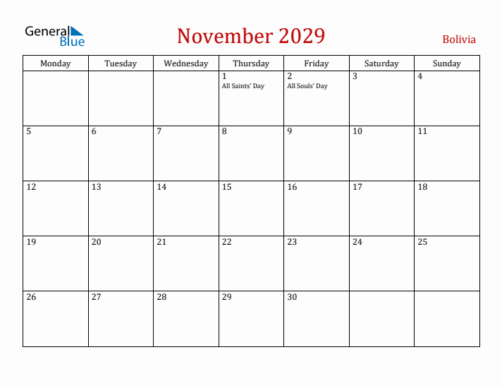Bolivia November 2029 Calendar - Monday Start