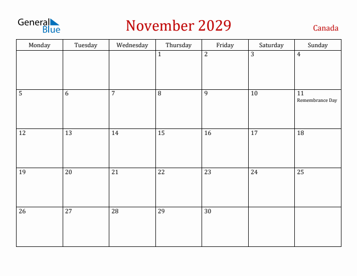 Canada November 2029 Calendar - Monday Start