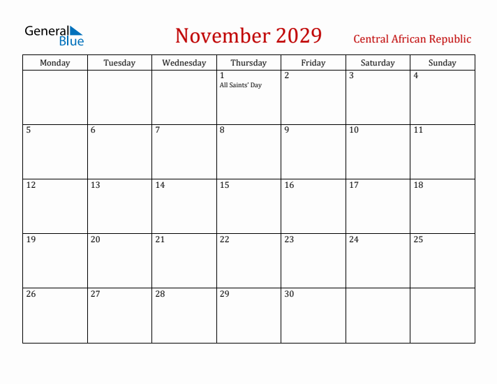 Central African Republic November 2029 Calendar - Monday Start