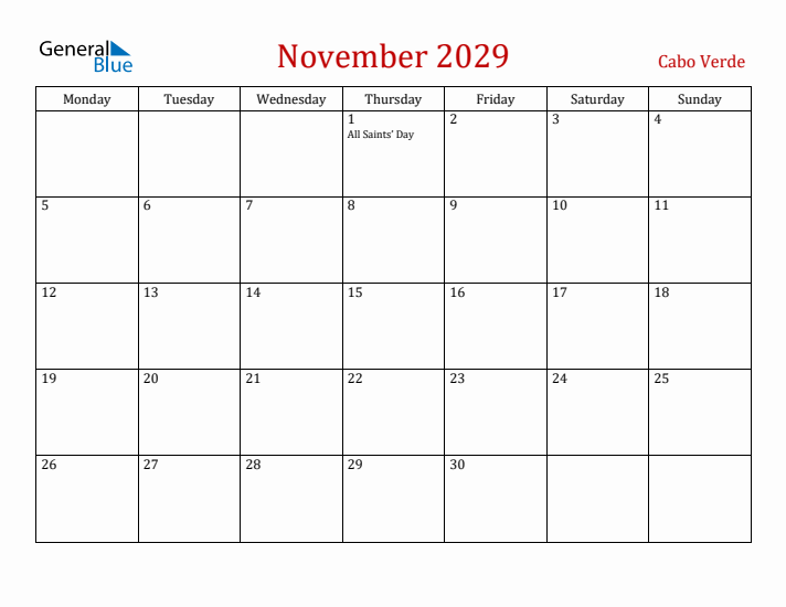 Cabo Verde November 2029 Calendar - Monday Start