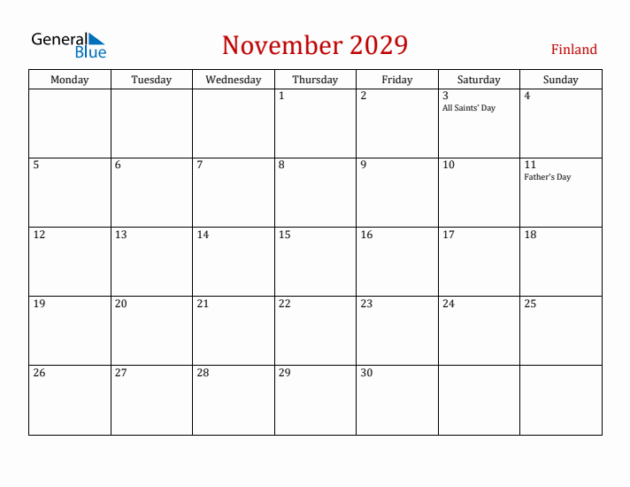 Finland November 2029 Calendar - Monday Start