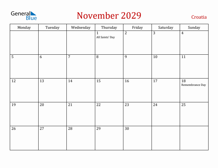 Croatia November 2029 Calendar - Monday Start