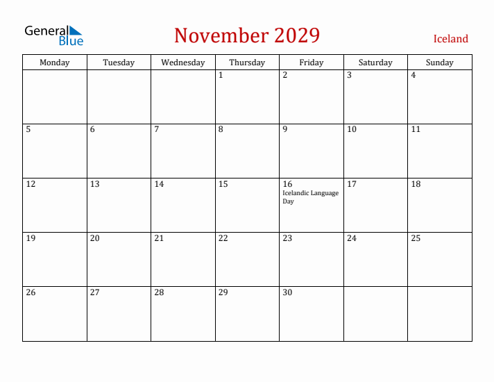 Iceland November 2029 Calendar - Monday Start