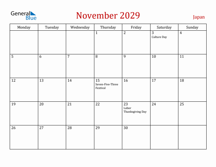 Japan November 2029 Calendar - Monday Start