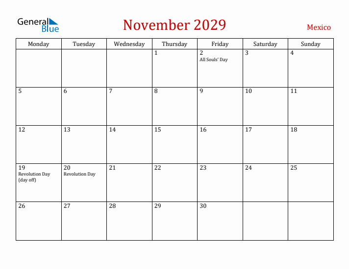 Mexico November 2029 Calendar - Monday Start