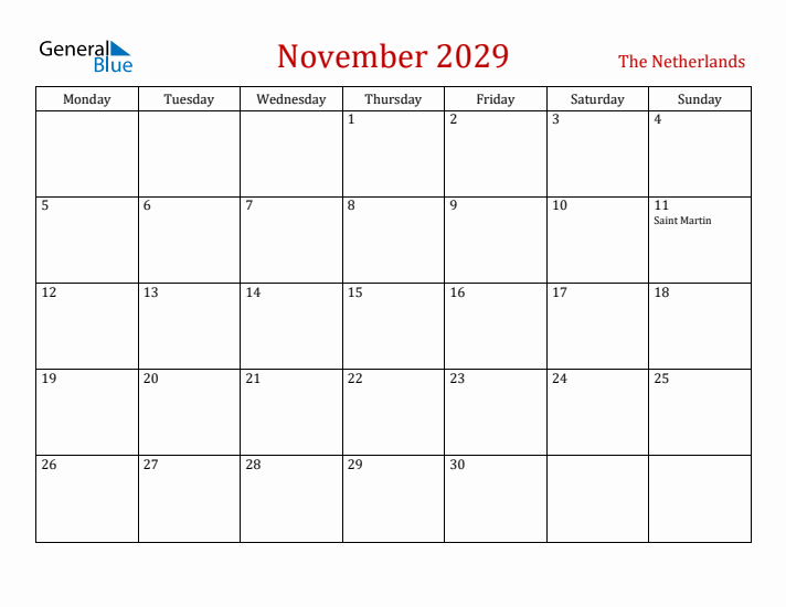 The Netherlands November 2029 Calendar - Monday Start