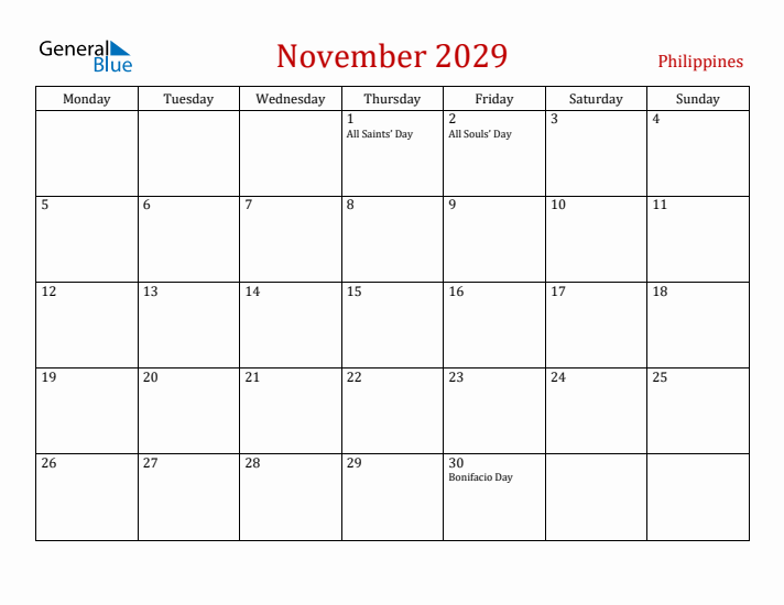Philippines November 2029 Calendar - Monday Start