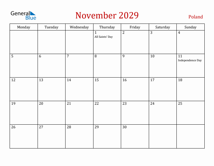 Poland November 2029 Calendar - Monday Start