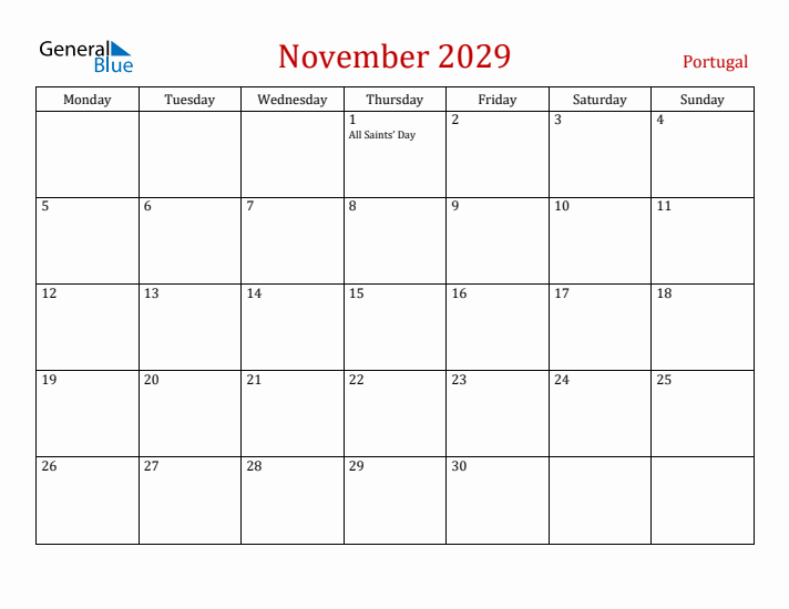 Portugal November 2029 Calendar - Monday Start