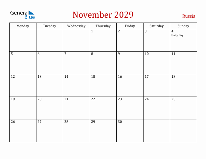 Russia November 2029 Calendar - Monday Start