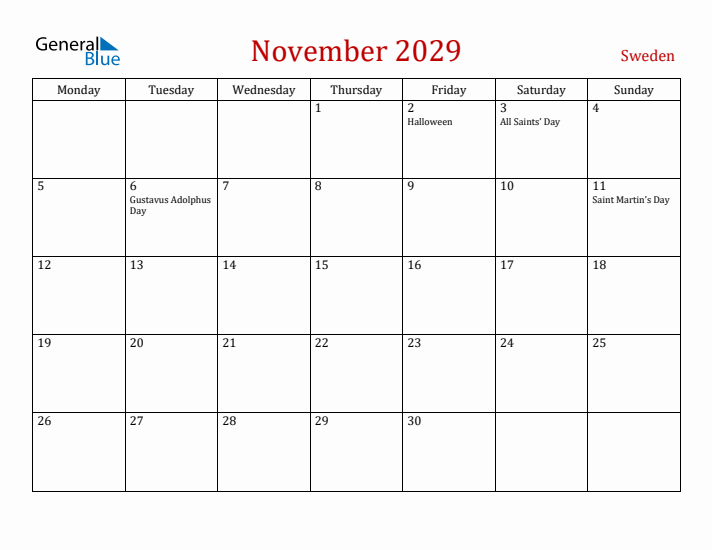 Sweden November 2029 Calendar - Monday Start