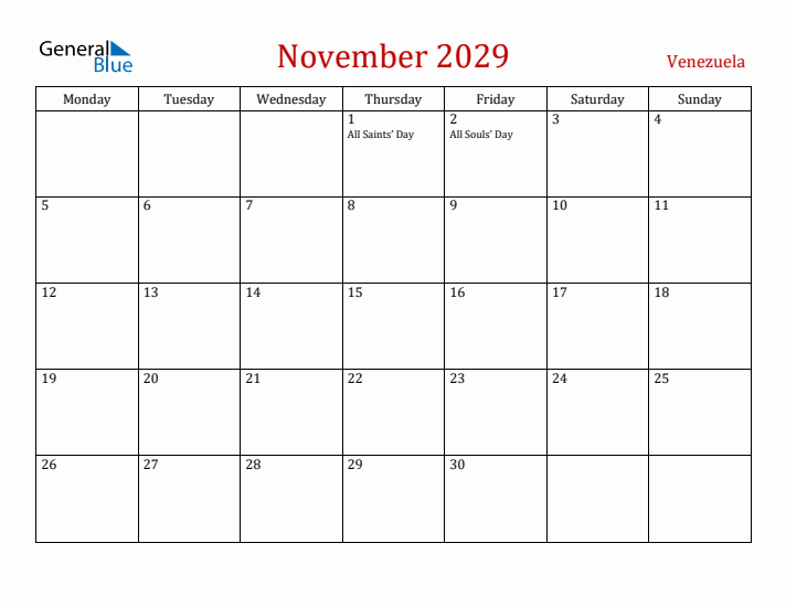 Venezuela November 2029 Calendar - Monday Start